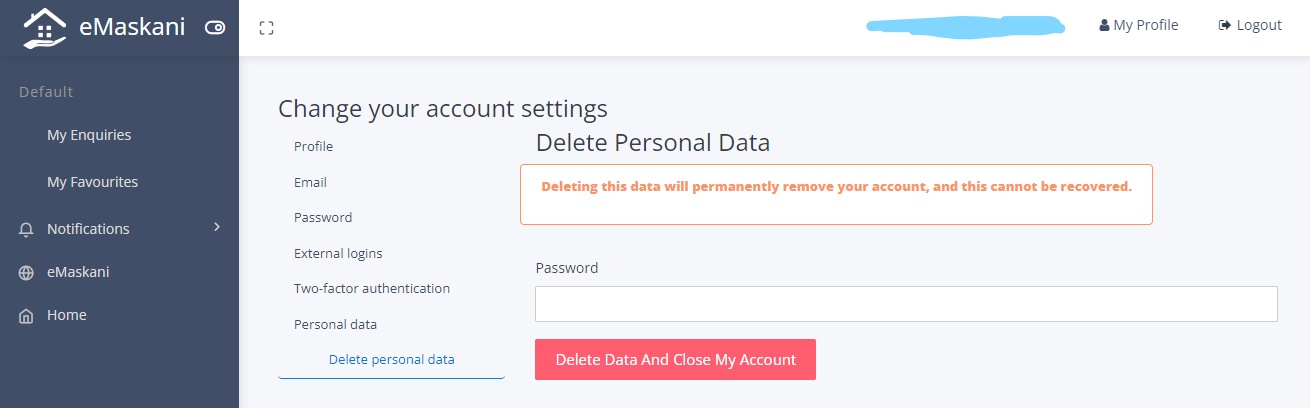 Screenshot showing how to delete personal data and close your eMaskani account