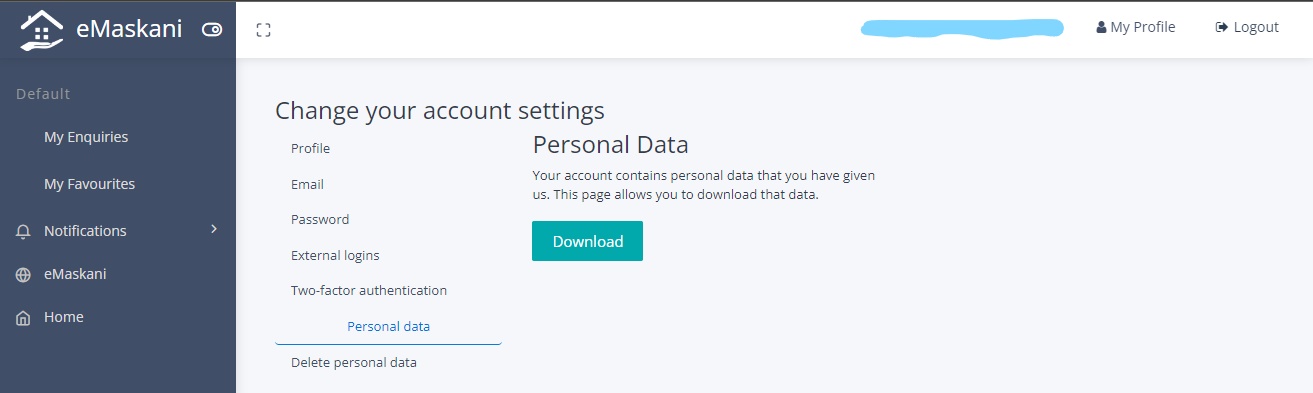 Screenshot showing how to download your personal data from eMaskani
